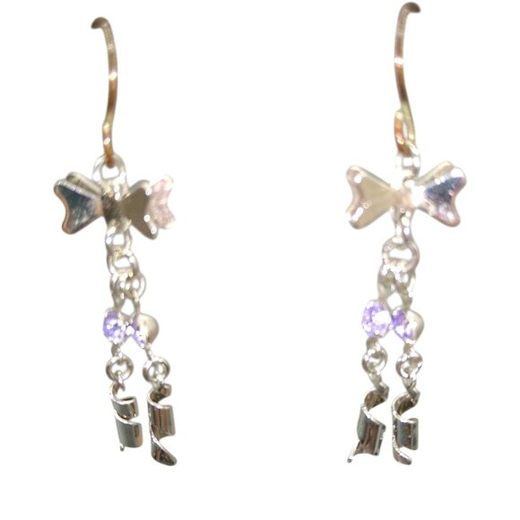 Silver Tone Ribbons and Bows Earrings, Vintage Dangle Drop Baby Blue Crystals - Picture 3 of 4